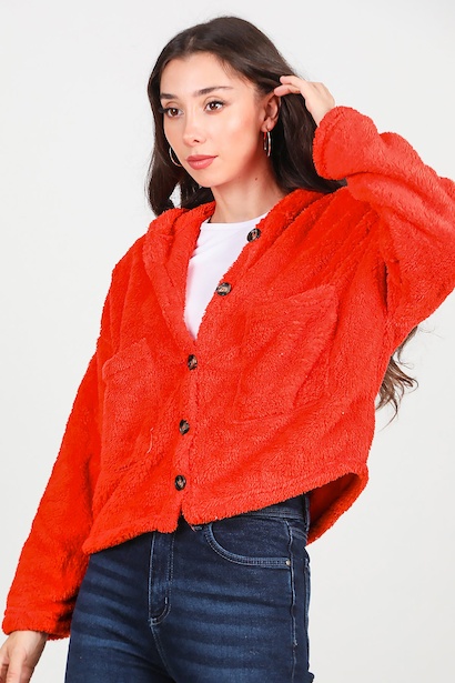 Kadın Kısa Kapşonlu Düğmeli Peluş Ceket  Nar 6