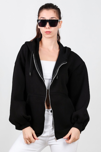 Kadın Kapşonlu Fermuarlı Şardonlu Sweat 