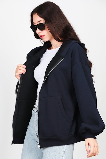 Kadın Kapşonlu Fermuarlı Şardonlu Sweat 
