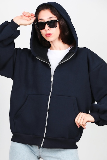 Kadın Kapşonlu Fermuarlı Şardonlu Sweat  Lacivert 6