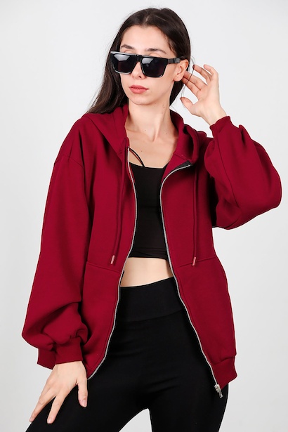 Kadın Kapşonlu Fermuarlı Şardonlu Sweat 