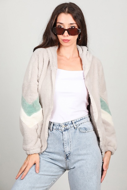 Kadın Kapşonlu Kol Çizgi Detay Peluş Ceket  Pudra 6