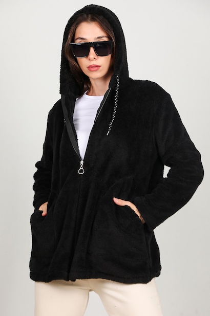 Kadın Kapşonlu Fermuarlı Peluş Ceket 