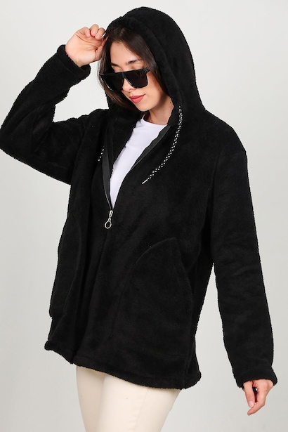 Kadın Kapşonlu Fermuarlı Peluş Ceket  Siyah 6