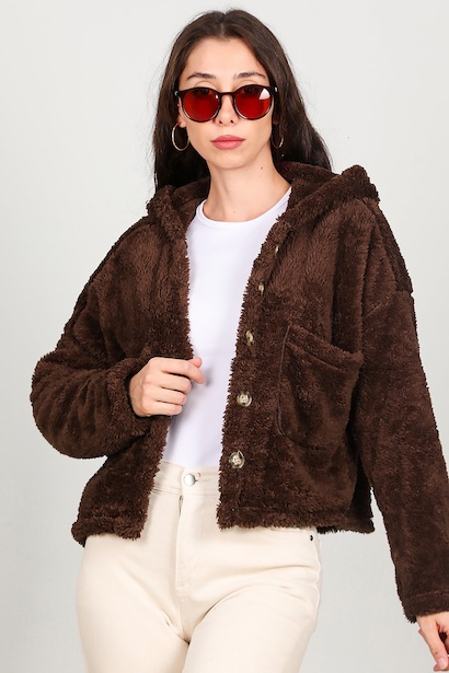 Kadın Kısa Kapşonlu Düğmeli Peluş Ceket  Kahverengi 6