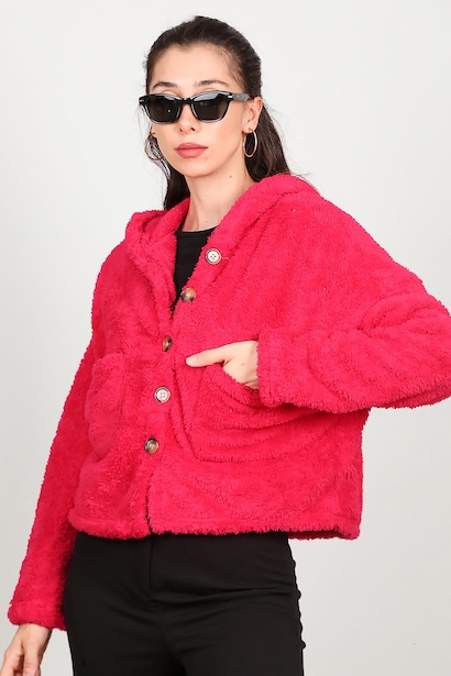 Kadın Kısa Kapşonlu Düğmeli Peluş Ceket 