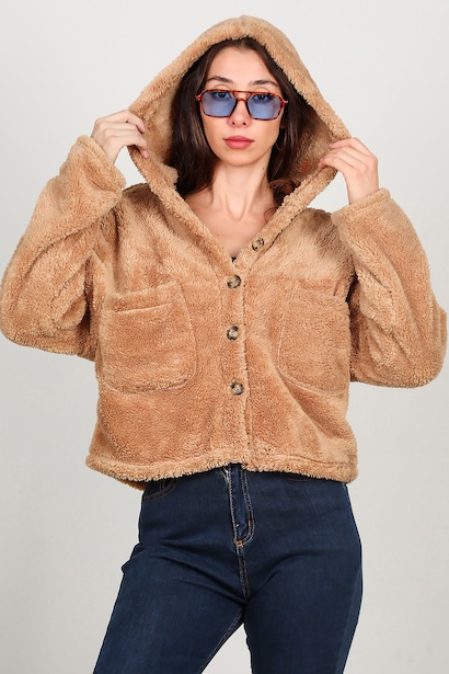 Kadın Kısa Kapşonlu Düğmeli Peluş Ceket 