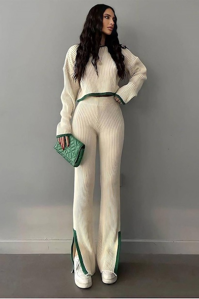 Kadın Garnili Paça Fermuarlı Triko Takım 
