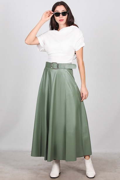 Kadın Uzun Kemerli Deri Etek 