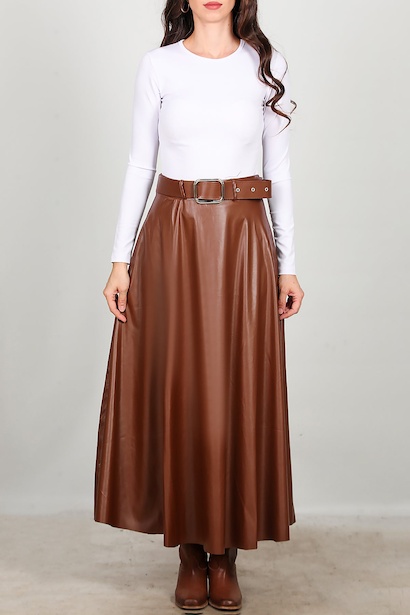 Kadın Uzun Kemerli Deri Etek  Taba 6