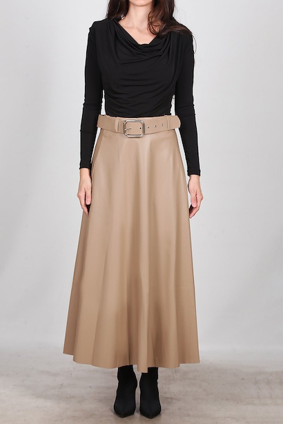 Kadın Uzun Kemerli Deri Etek  Bej 6