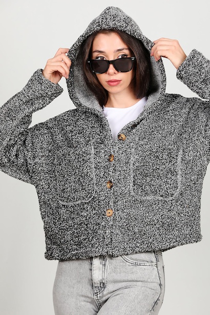 Kadın Kısa Kapşonlu Düğmeli Peluş Ceket  Gri 6