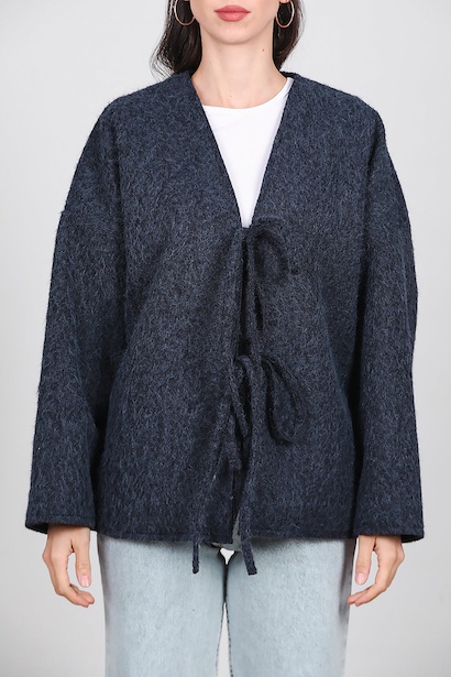 Kadın Ön Bağlama Sakallı Kaşe Hırka  Lacivert 6