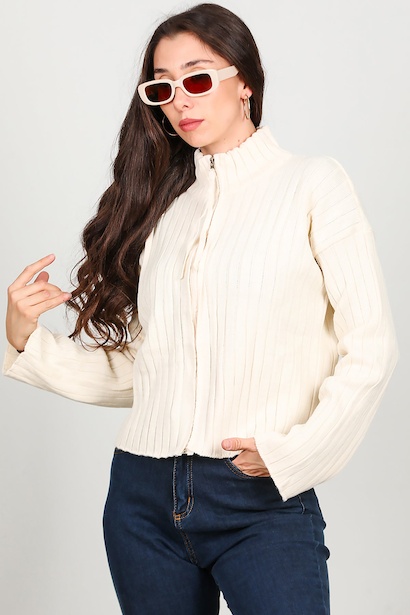 Kadın Önü Fermuarlı Triko Ceket  Krem 6