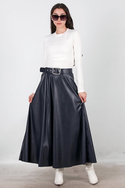 Kadın Uzun Kemerli Deri Etek 