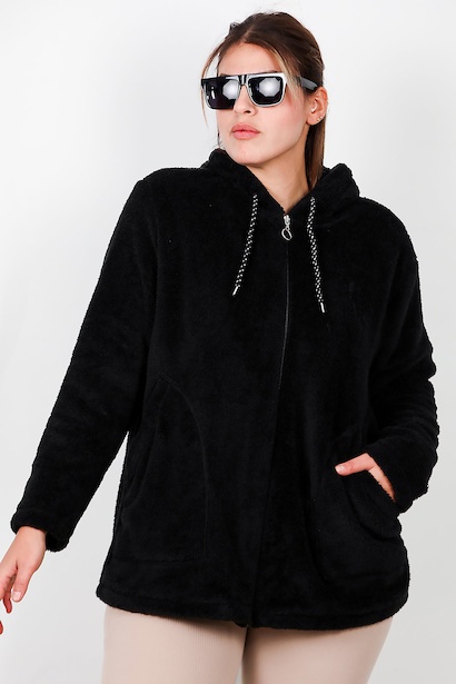 Büyük Beden Kapşonlu Fermuarlı Peluş Ceket 