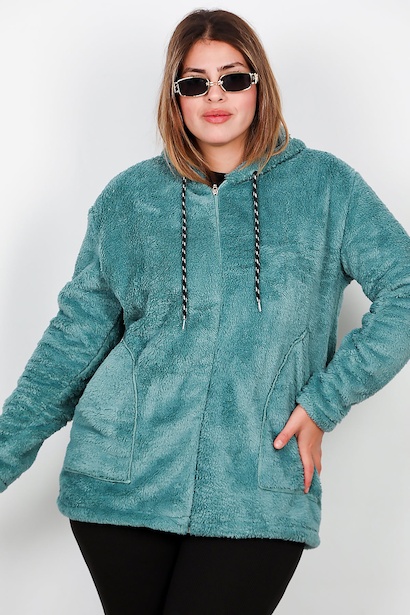 Büyük Beden Kapşonlu Fermuarlı Peluş Ceket  Mint 6
