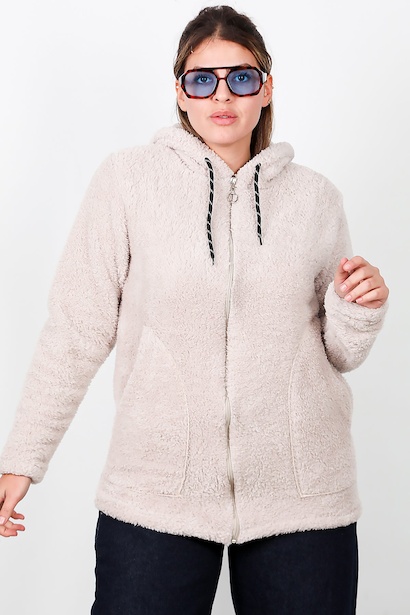 Büyük Beden Kapşonlu Fermuarlı Peluş Ceket 