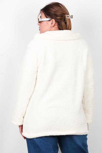 Büyük Beden Önü Düğmeli Peluş Ceket  Ekru 6