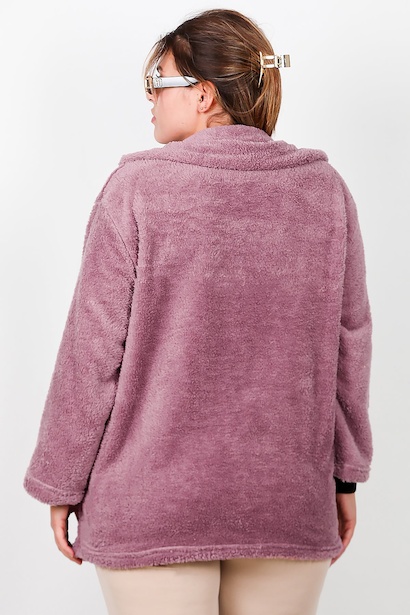 Büyük Beden Önü Düğmeli Peluş Ceket  Mürdüm 6