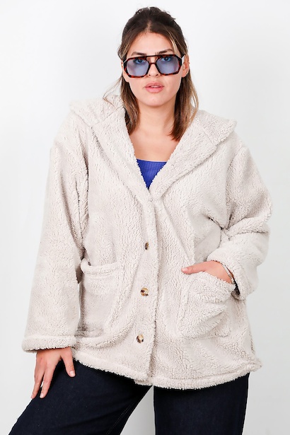 Büyük Beden Önü Düğmeli Peluş Ceket 