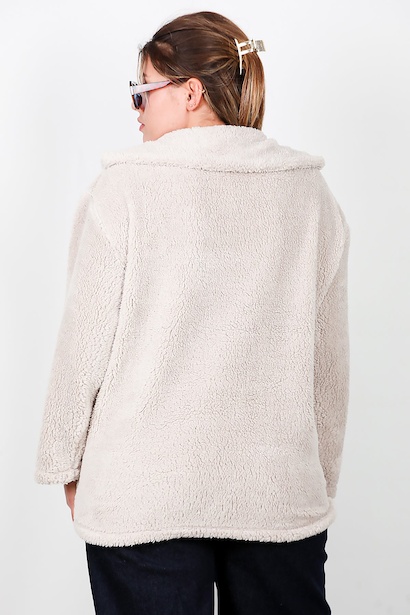 Büyük Beden Önü Düğmeli Peluş Ceket  Taş 6