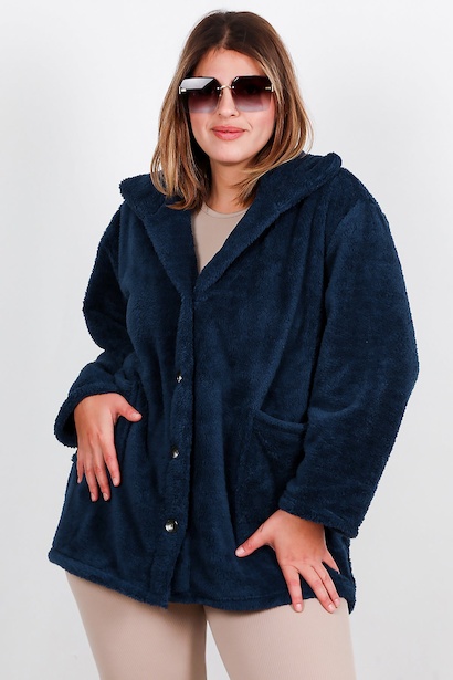 Büyük Beden Önü Düğmeli Peluş Ceket 