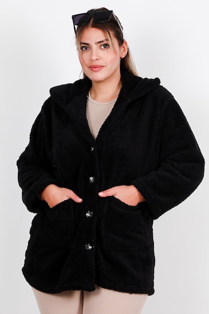 Büyük Beden Önü Düğmeli Peluş Ceket 