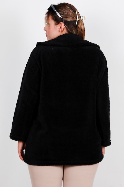 Büyük Beden Önü Düğmeli Peluş Ceket  Siyah 6