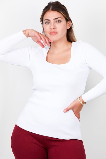 Büyük Beden Kare Yaka Uzun Kol Bluz 