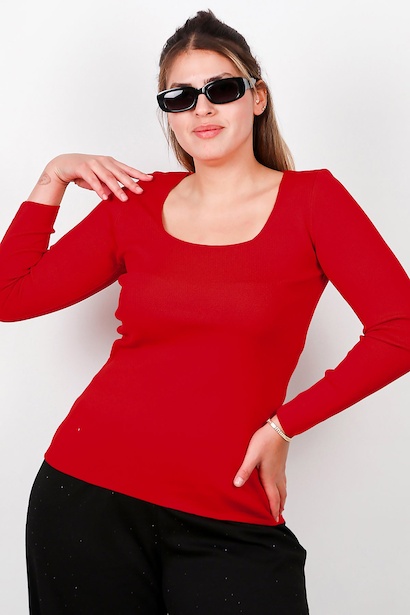 Büyük Beden Kare Yaka Uzun Kol Bluz 