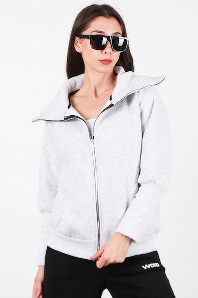 Kadın Dik Yaka Fermuarlı Sweat  Gri 6