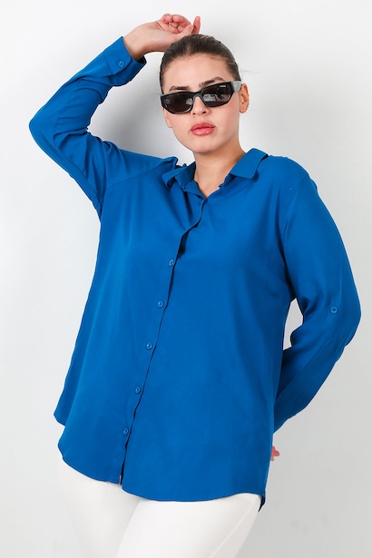 Büyük Beden Kol Katlamalı Gömlek  Saks 6