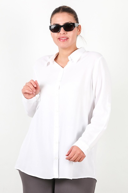 Büyük Beden Kol Katlamalı Gömlek  Beyaz 6