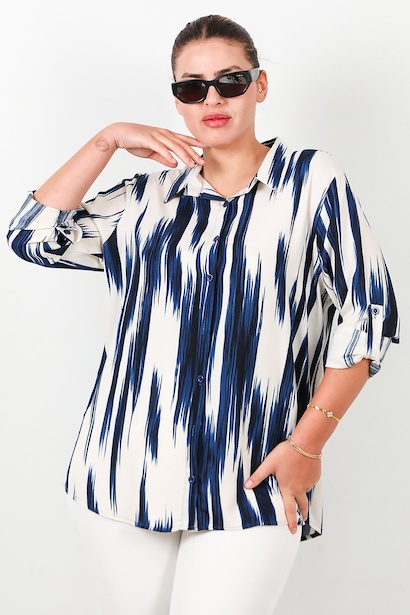 Büyük Beden Desenli Kol Katlamalı Gömlek 