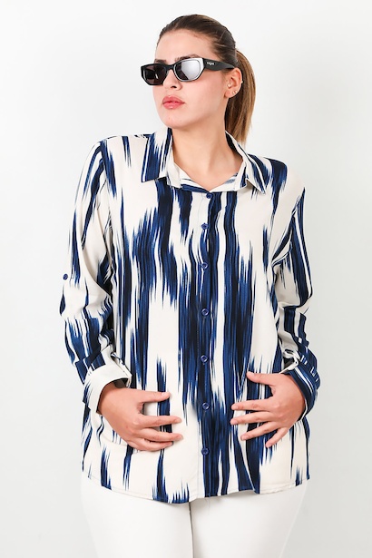 Büyük Beden Desenli Kol Katlamalı Gömlek  Mavi 6