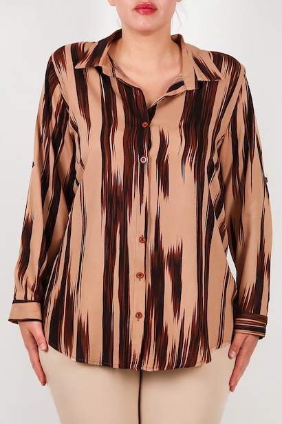 Büyük Beden Desenli Kol Katlamalı Gömlek  Vizon 6