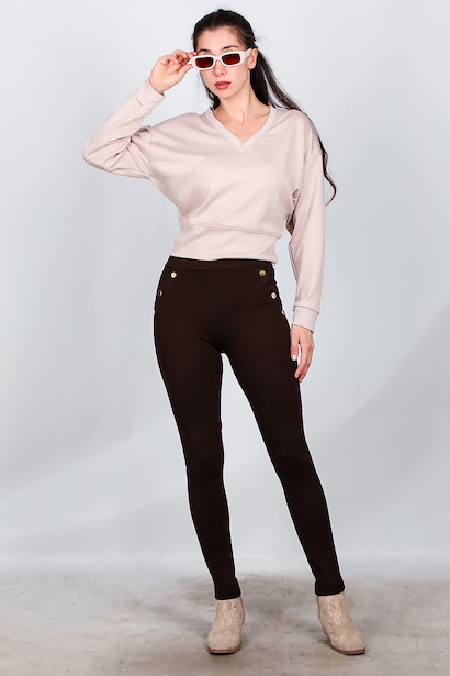 Kadın Sahte Cep Düğme Detay Tayt 