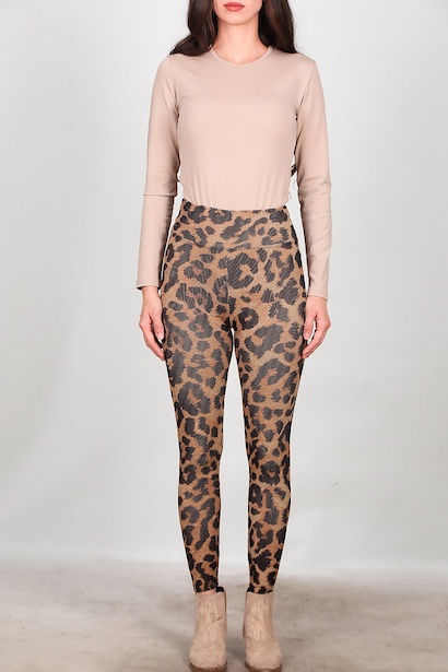 Kadın Fitilli Leopar Desenli Tayt  Bej 6