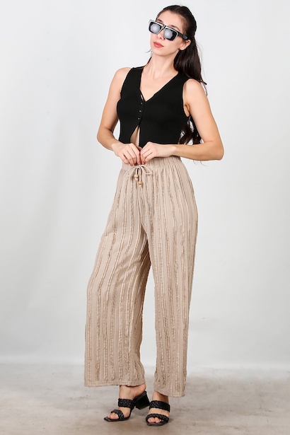 Kadın Fitilli Bol Paça Pantolon  Bej 6