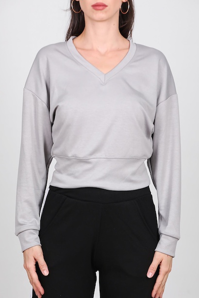 Kadın V Yaka Uzun Kol Sweat  Gri 6