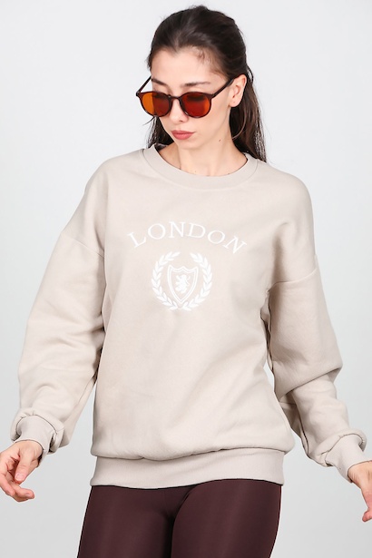 Kadın Üç İplik Bisiklet Yaka Sweet  Bej 6