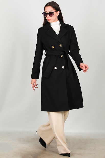 Kadın Beli Kuşaklı Kaşe Kaban  Siyah 6