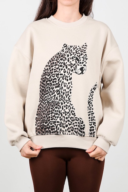 Kadın Önü Baskılı Üç İplik Sweat  Bej 6