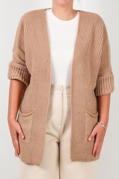 Büyük Beden Cepli Hırka  Bej 6