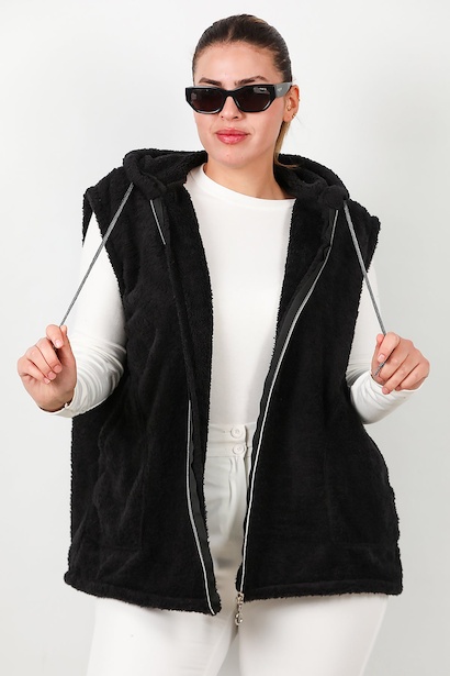 Büyük Beden Fermuarlı Kapşonlu Peluş Yelek 