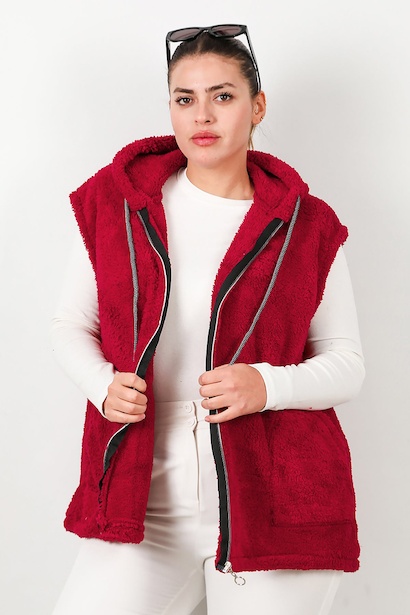 Büyük Beden Fermuarlı Kapşonlu Peluş Yelek 