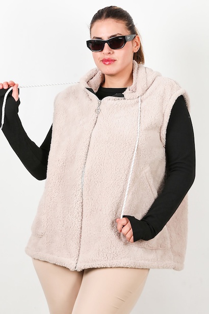 Büyük Beden Fermuarlı Kapşonlu Peluş Yelek 