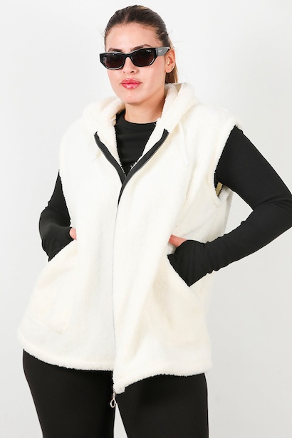 Büyük Beden Fermuarlı Kapşonlu Peluş Yelek 