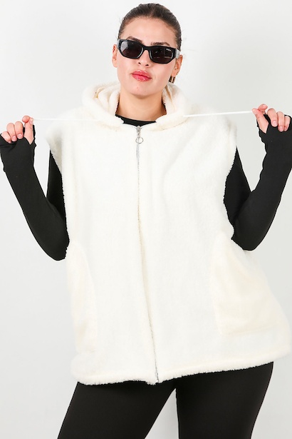 Büyük Beden Fermuarlı Kapşonlu Peluş Yelek  Ekru 6